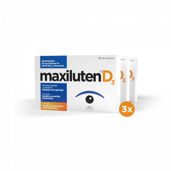 Maxiluten D3  Luteint, zeaxantint, cinket, növényi kivonatokat, és vitaminokat tartalmazó étrend-kiegészítő tabletta 90 db-os csomag