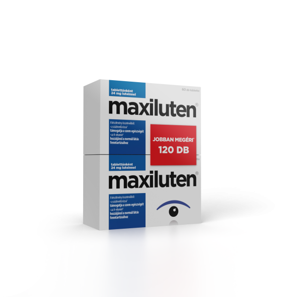 Maxiluten növényi kivonatokat, luteint, zeaxantint, A-vitamint, cinket és C-vitamint tartalmazó étrend-kiegészítő tabletta, 2x60 db-os csomag