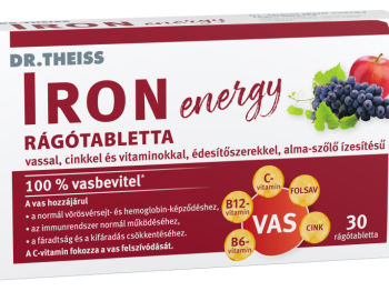 Dr. Theiss IRON energy rágótabletta, alma-szőlő ízesítésű, vassal, cinkkel, édesítőszerekkel 30 db