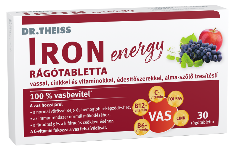 Dr. Theiss IRON energy rágótabletta, alma-szőlő ízesítésű, vassal, cinkkel, édesítőszerekkel 30 db