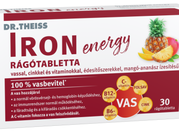 Dr. Theiss IRON energy rágótabletta, mangó-ananász ízesítésű vassal, cinkkel, édesítőszerekkel 30 db