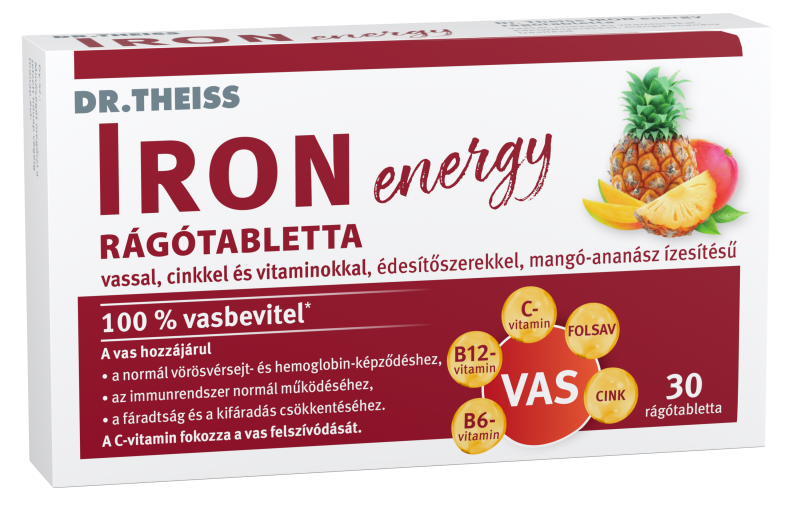 Dr. Theiss IRON energy rágótabletta, mangó-ananász ízesítésű vassal, cinkkel, édesítőszerekkel 30 db