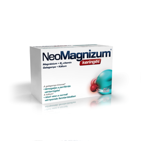 NeoMagnizum keringés káliumot, magnéziumot, galagonya kivonatot és B6-vitamint tartalmazó étrend-kiegészítő tabletta, 50 db