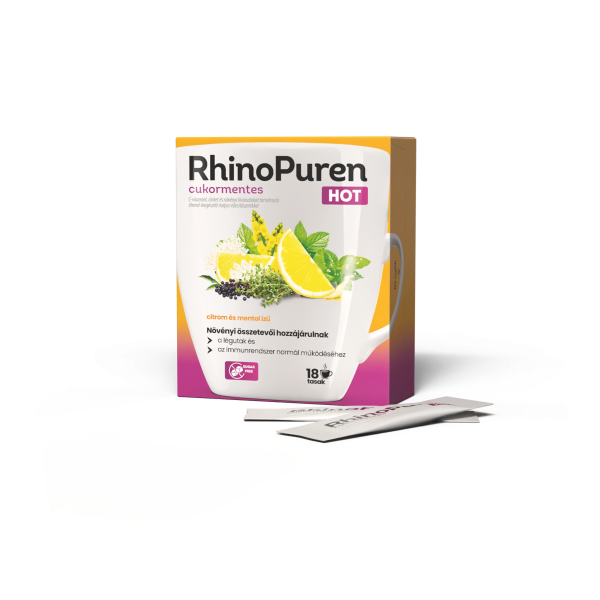 RhinoPuren HOT cukormentes C-vitamint, cinket és növényi kivonatokat tartalmazó étrend-kiegészítő italpor édesítőszerekkel, 18 tasak
