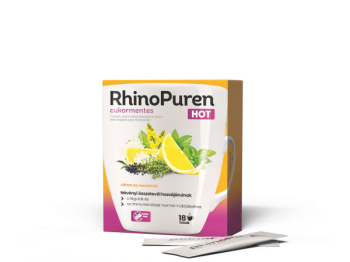 RhinoPuren HOT cukormentes C-vitamint, cinket és növényi kivonatokat tartalmazó étrend-kiegészítő italpor édesítőszerekkel, 18 tasak