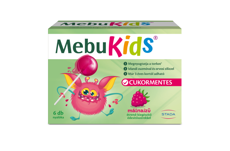 MebuKids Izlandi zuzmó és orvosi ziliz tartalmú, málnaízű étrend-kiegészítő nyalóka édesítőszerekkel
