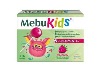 MebuKids Izlandi zuzmó és orvosi ziliz tartalmú, málnaízű étrend-kiegészítő nyalóka édesítőszerekkel