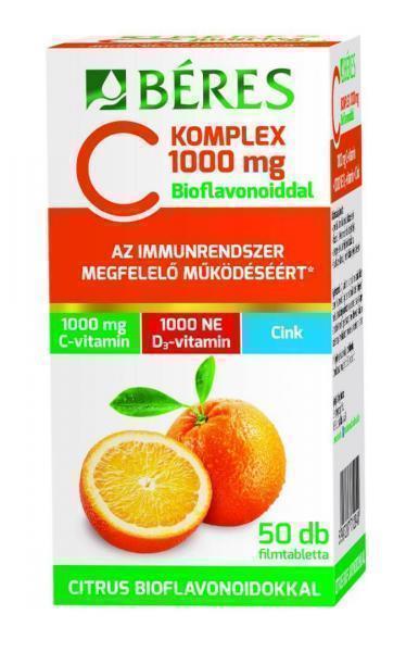 Béres C Komplex 1000 mg filmtabletta, C- és D3-vitamint, cinket és citrus bioflavonoidokat tartalmazó étrend-kiegészítő készítmény, 50 db