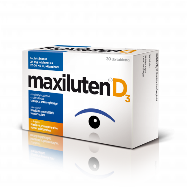 Maxiluten D3 Luteint, zeaxantint, cinket, növényi kivonatokat, és vitaminokat tartalmazó étrend-kiegészítő tabletta, 30 db