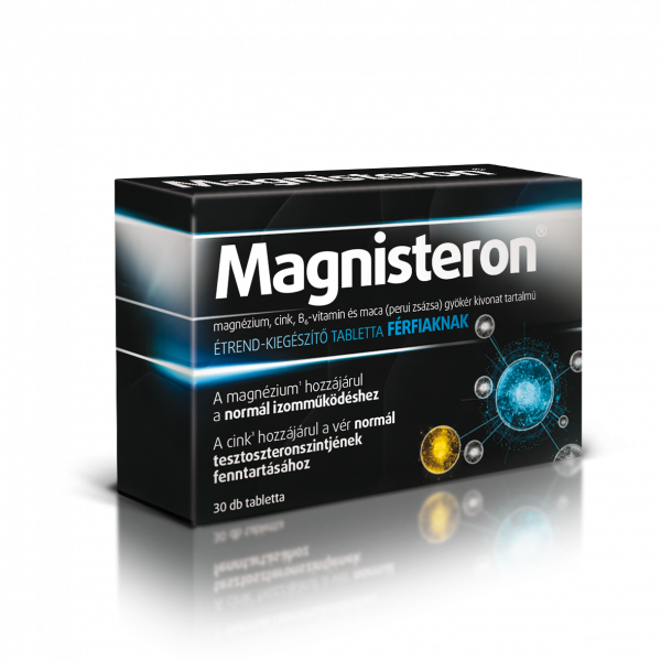 Magnisteron magnézium, cink, B6-vitamin és maca (perui zsázsa) gyökér kivonat tartalmú étrend-kiegészítő tabletta férfiaknak, 30 db