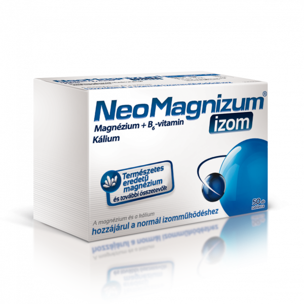 NeoMagnizum izom magnéziumot, káliumot és B6-vitamint tartalmazó étrend-kiegészítő tabletta, 50 db